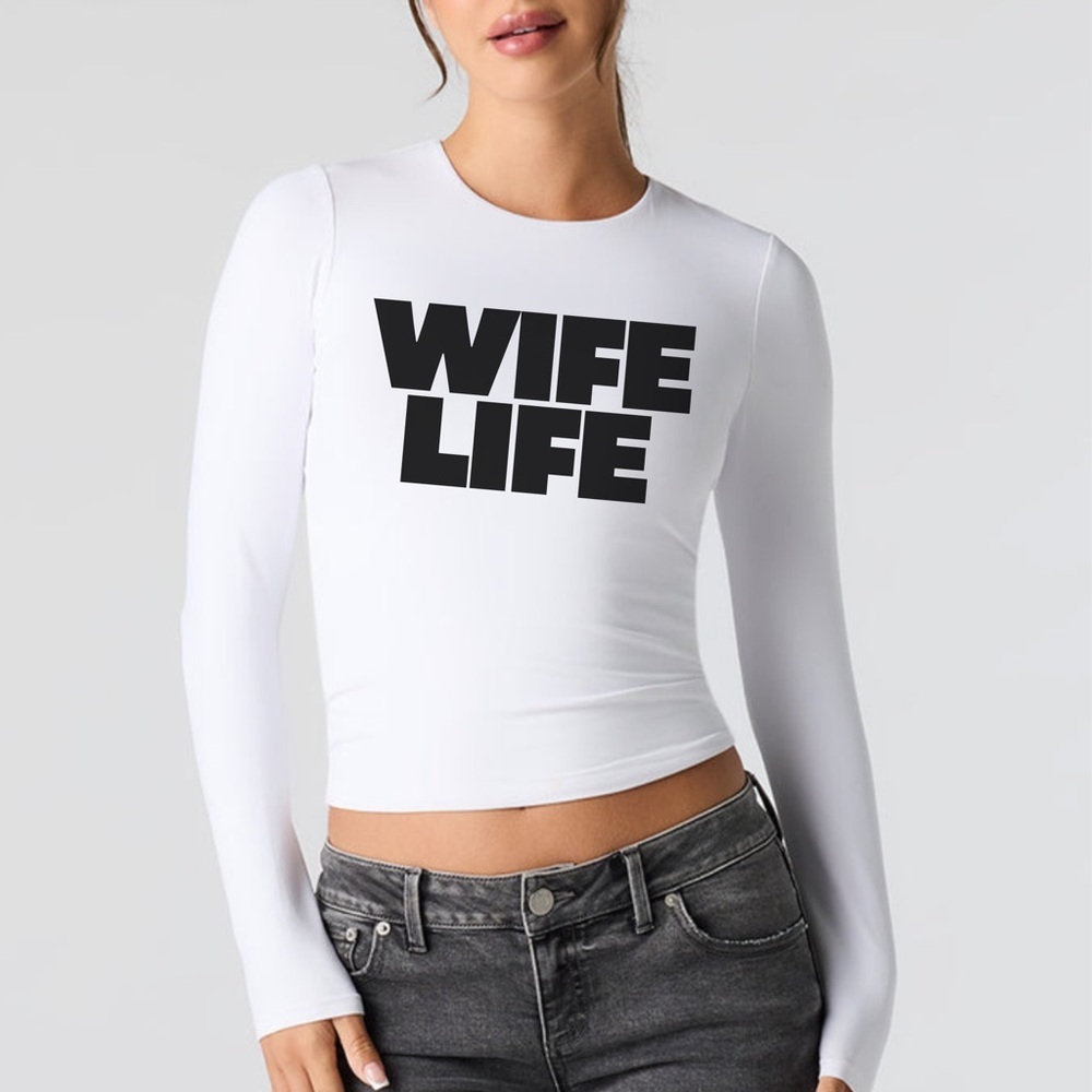 “Wife Life” Bold Letter Graphic Tee - Long Sleeve- White - Size Small
